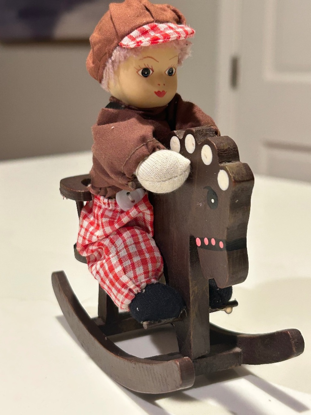 Vntg German Porcelain Hand Painted Textile Boy Doll on Rocking Horse - Nursery
